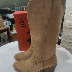 Suede Cowboy Boots For Women Chunky Heel Pointed Toe Cowgirl Boots Mid Calf Sz 9